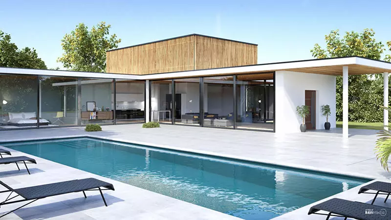 vue 3d d'une villa avec piscine