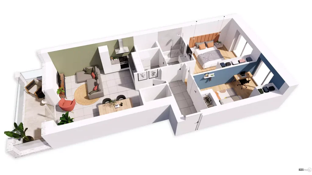 plan 3d shoebox d'un appartement 2 chambres