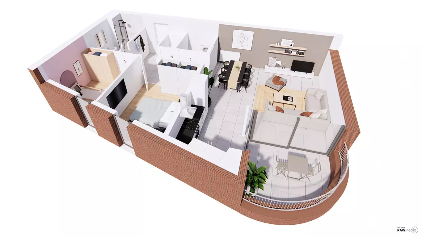 plan 3d réaliste d'un appartement avec balcon